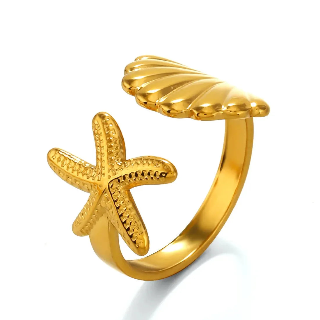 3Pcs Women's Ocean Starfish Shell Open Rings Gold Stainless Steel Jewelry Set