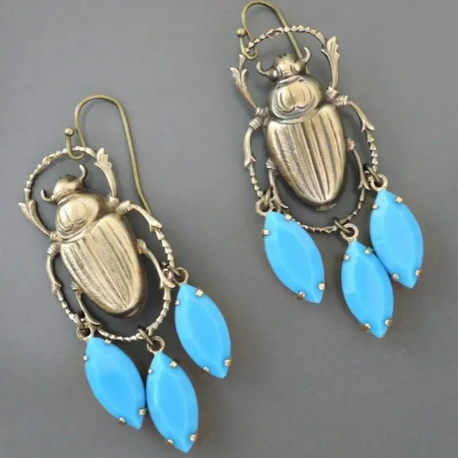 Vintage Blue Gemstone Beetle Pendant Drop Earrings Zinc Alloy Jewelry for Women