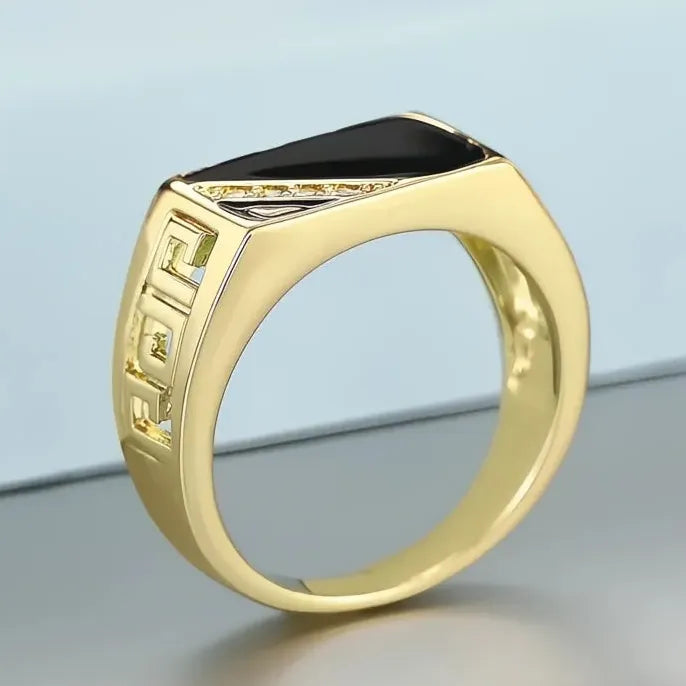 Gold Brass Women’s Wedding Band Ring Black Glaze Cubic Zirconia Hollow-Out