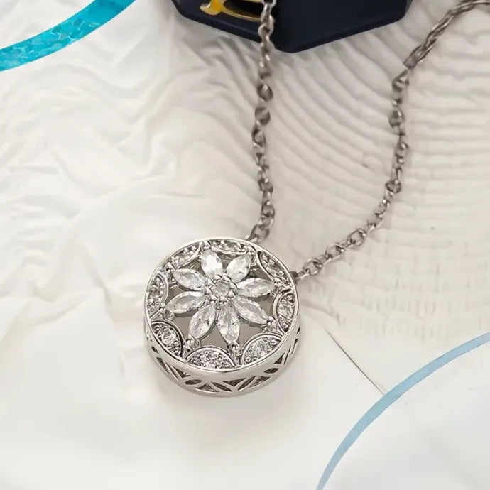 Round CZ Crystal Pendant Necklace Silver Floral Copper Alloy Jewelry Gift