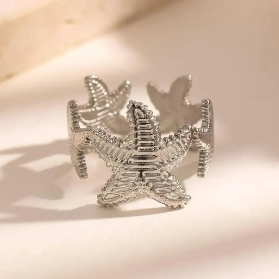 2026 Stainless Steel Starfish Dolphin Shell Adjustable Waterproof Ring for Women