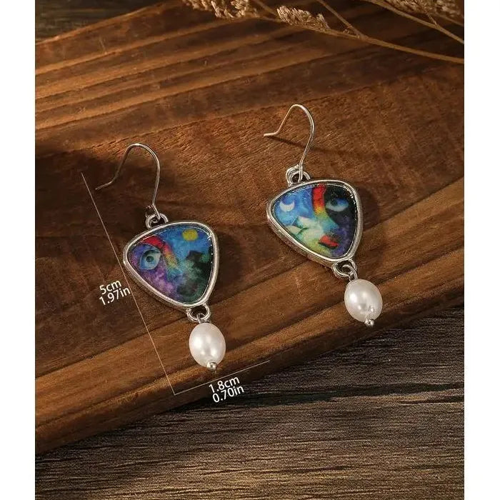 Vintage Geometric Antique Silver Resin Drop Earrings with Imitation Pearl Pendant Gift