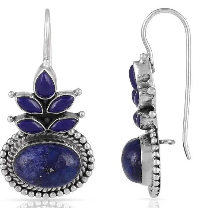 Vintage Ethnic Round Lapis Lazuli Drop Earrings Silver Metal Carving Blue Stone