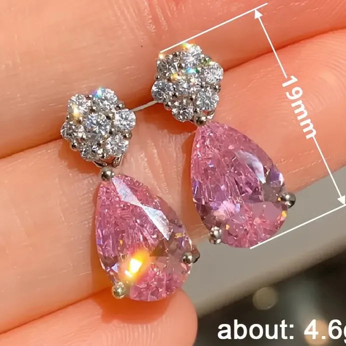 Pear Shape Pink Cubic Zirconia Dangle Earrings Silver Tone Jewelry