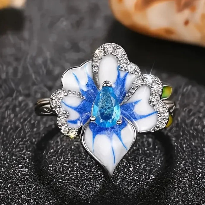Elegant Blue Flower Plant Motif Cubic Zirconia Brass Ring for Women Party Jewelry