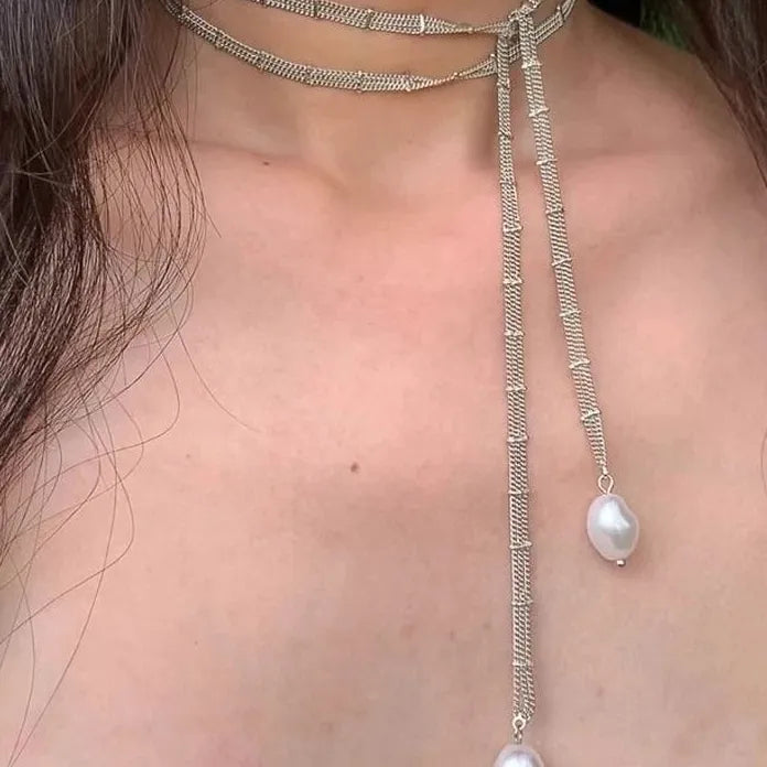 Luxury Metal Double-Layer Beads Pendant Y-Shaped Necklace for Women