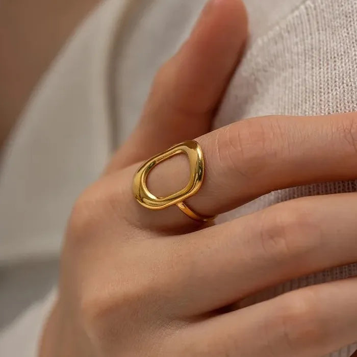 Vintage Gold Stainless Steel Geometric Hollow Square Ring Waterproof Jewelry Gift
