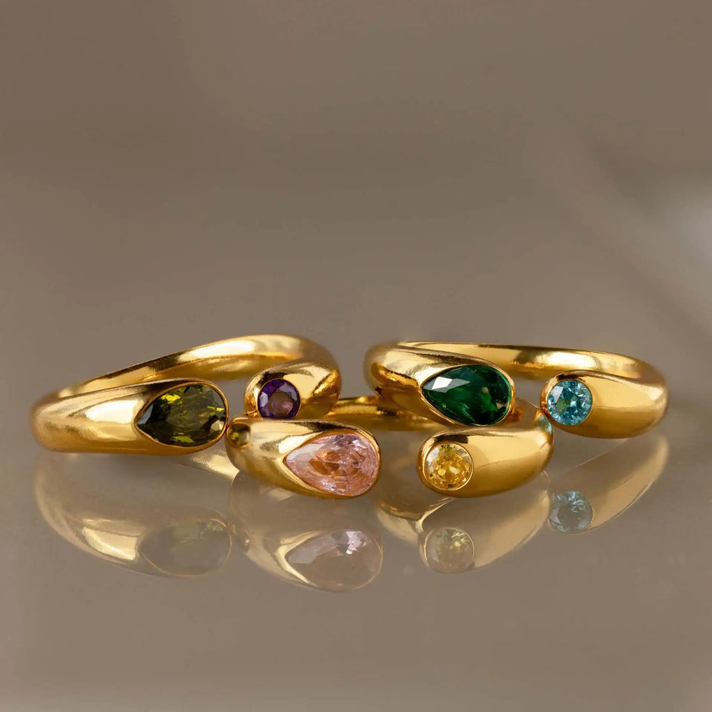 18k Gold Plated Stainless Steel 12 Month Birthstone Water Droplet Zircon Ring