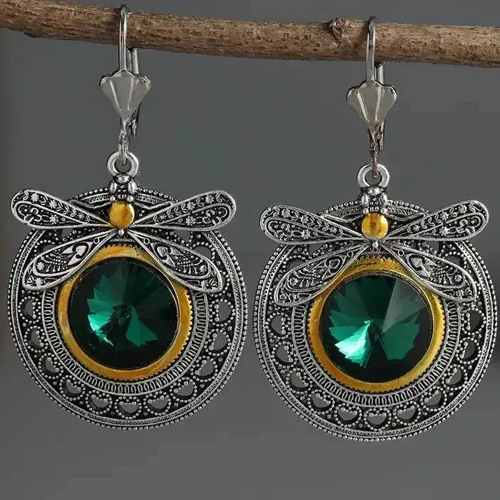 Green Crystal Dragonfly Drop Earrings Zinc Alloy Women’s Party Jewelry