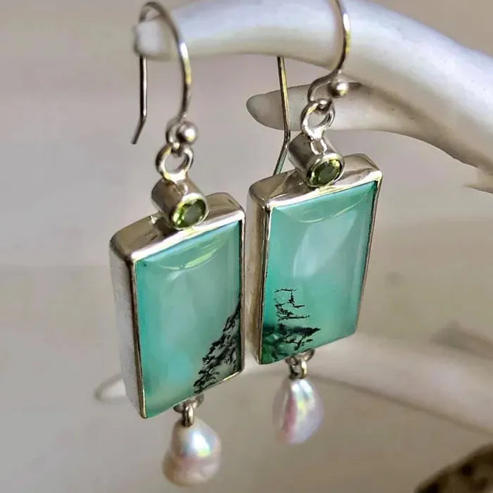 Vintage Geometric Resin Drop Earrings Antique Silver Pearl Pendant Gift