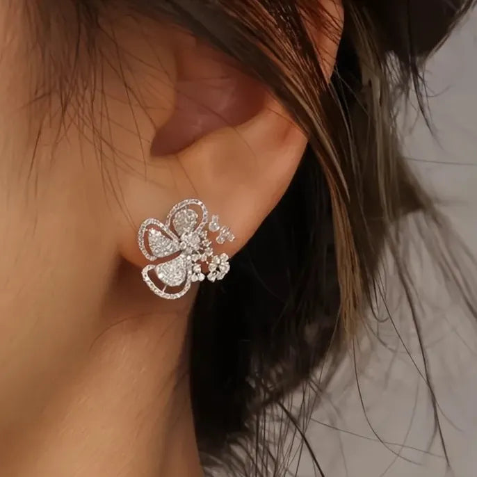 Cubic Zirconia Plant Flower Stud Earrings Silver Jewelry for Women
