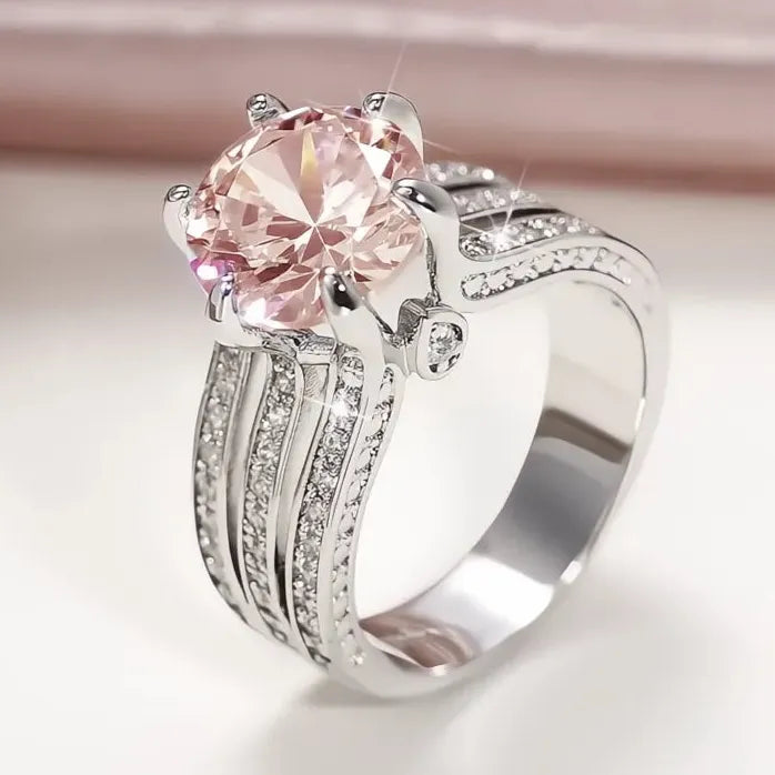 Luxury Brass Cubic Zirconia Wedding Engagement Ring for Women Pink White