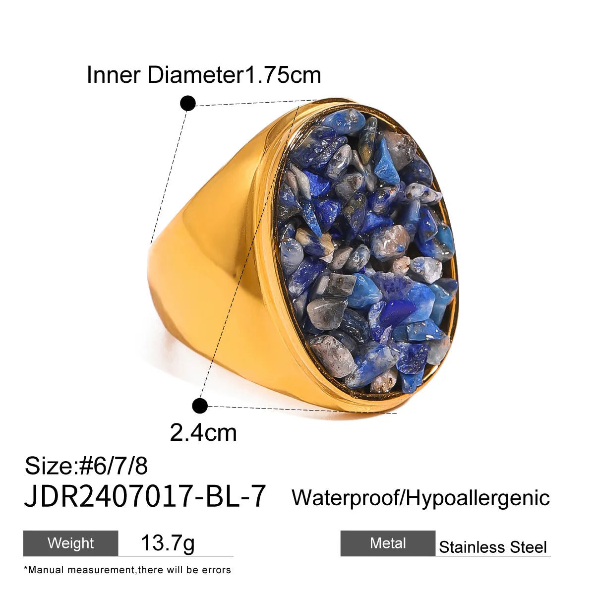 18K Gold Plated Goth Evil Eye Ring Blue Natural Stone Chunky Knuckle Jewelry
