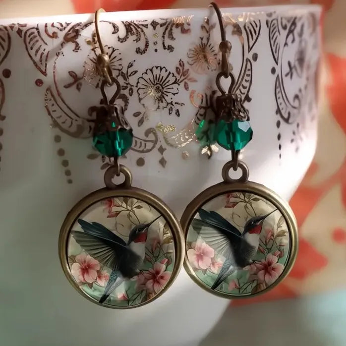 Vintage Green Glass Bead Hummingbird Flower Dangle Earrings for Women