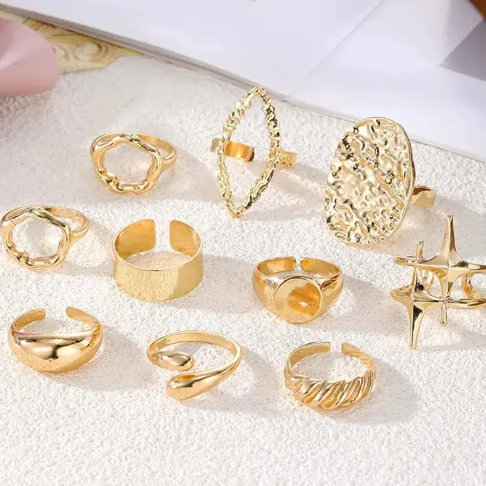10Pcs Women's Chunky Gold Star Rings Set Geometric Fashion Jewelry