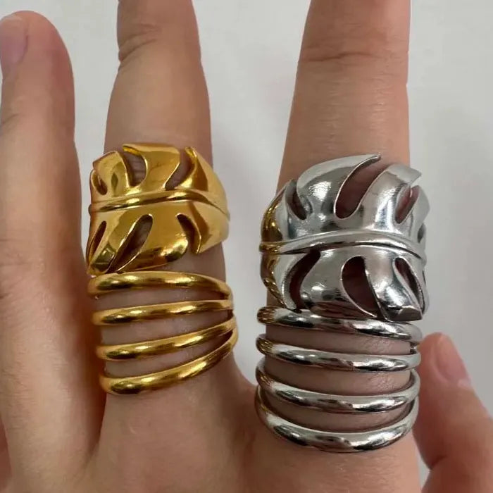 Stainless Steel Leaf Geometric Multi-Layer Open Cocktail Ring for Women Jewelry