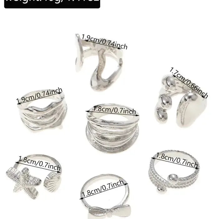7Pcs Adjustable Geometric Bow Knot Starfish Rings Set Unisex Fashion Jewelry