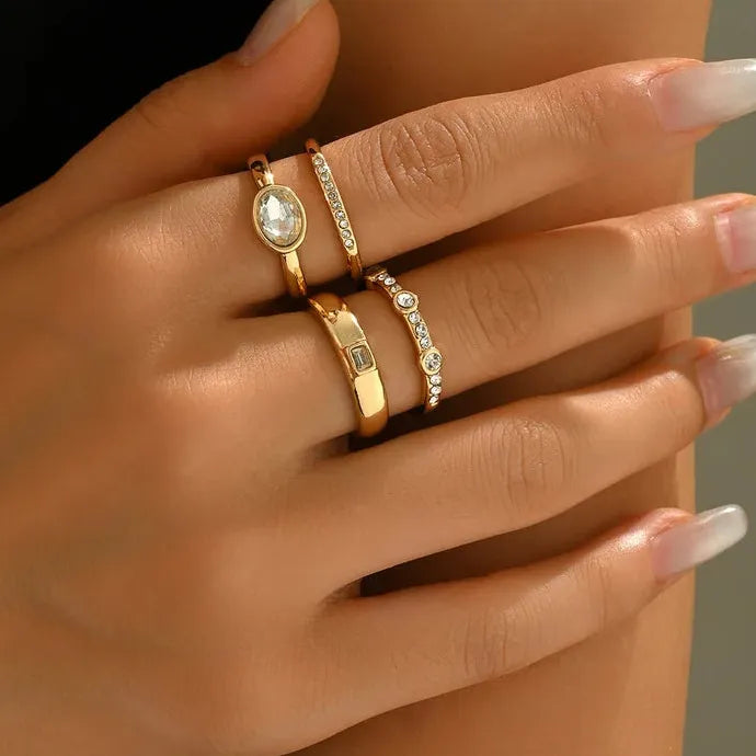 Set of 4 Geometric Gold Zinc Alloy Circular Zircon Crystal Rings for Women