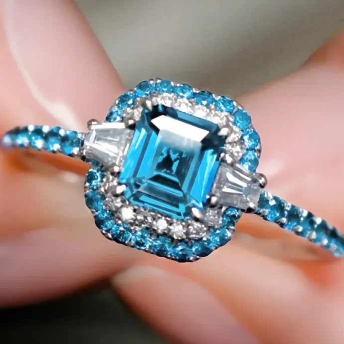 Sky Blue Cubic Zirconia Geometric Brass Wedding Ring for Women