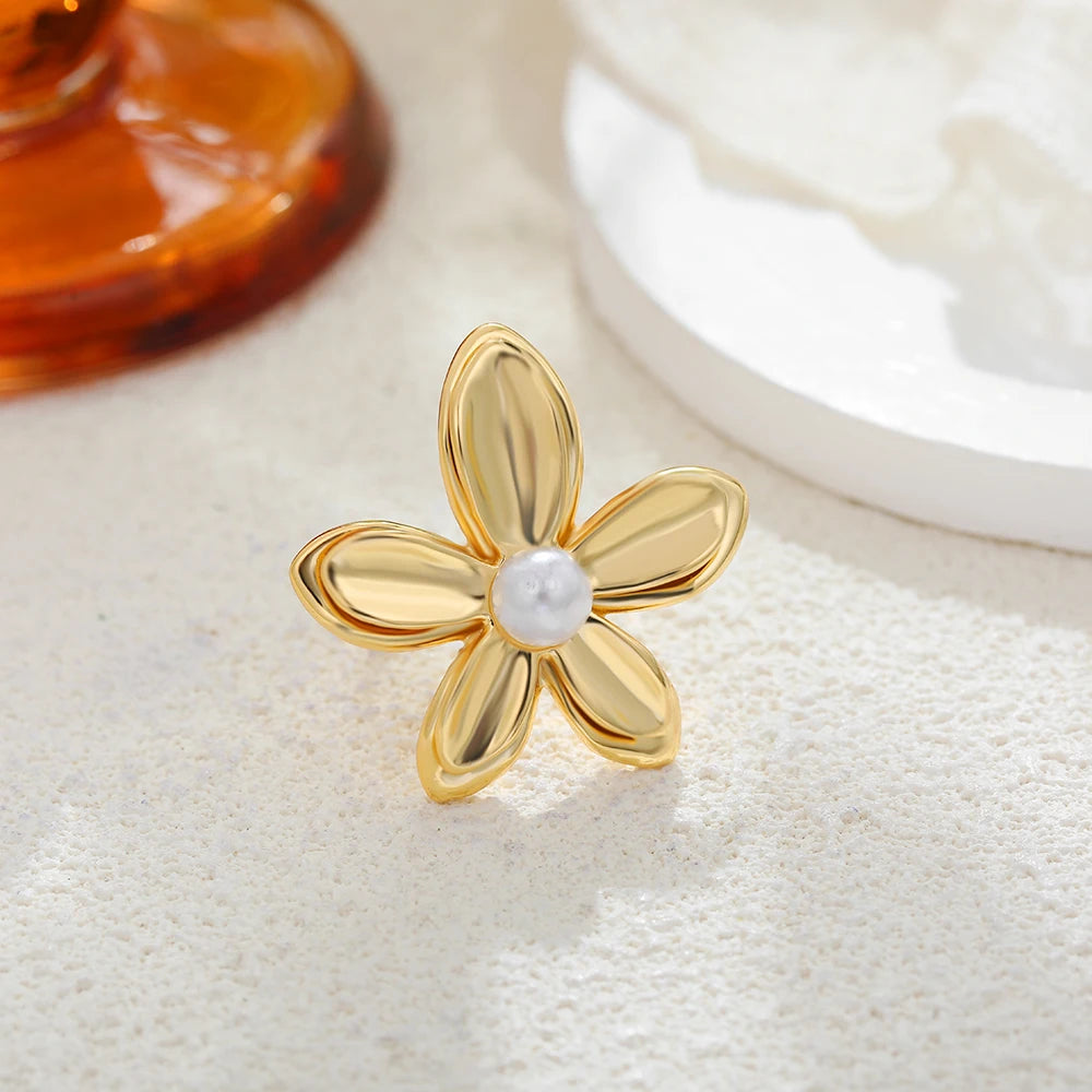 Flower Pearl Ring for Women Stainless Steel Plant Design Anti-Allergic Jewelry Gift 2025