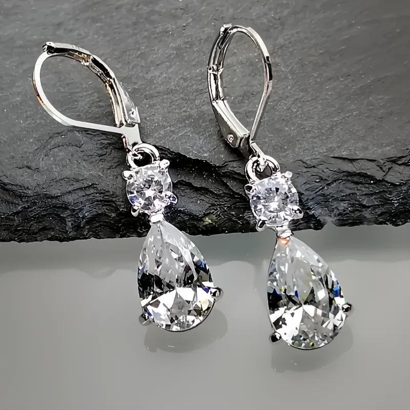 Crystal Hanging Drop Earrings with Pear Cubic Zirconia, Elegant Women’s Wedding Party Jewelry