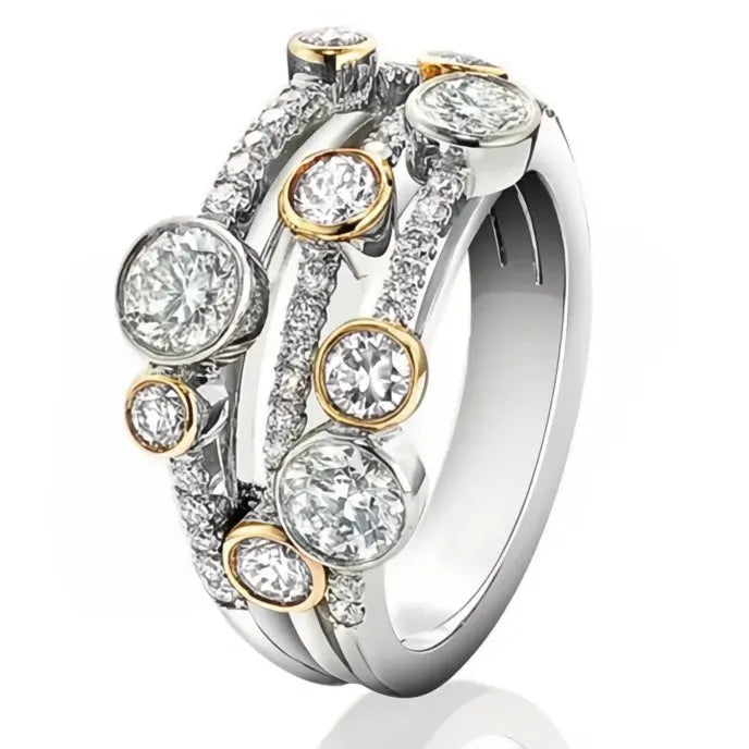 Personality Two Tone Three Line Women’s Wedding Band Ring Brass CZ Sparkling Fashion Jewelry