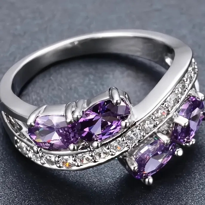 Women's Brass Geometric Ring with Purple Cubic Zirconia for Wedding Party