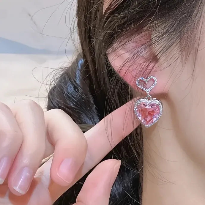Pink Heart Cubic Zirconia Copper Alloy Earrings for Women Engagement Wedding