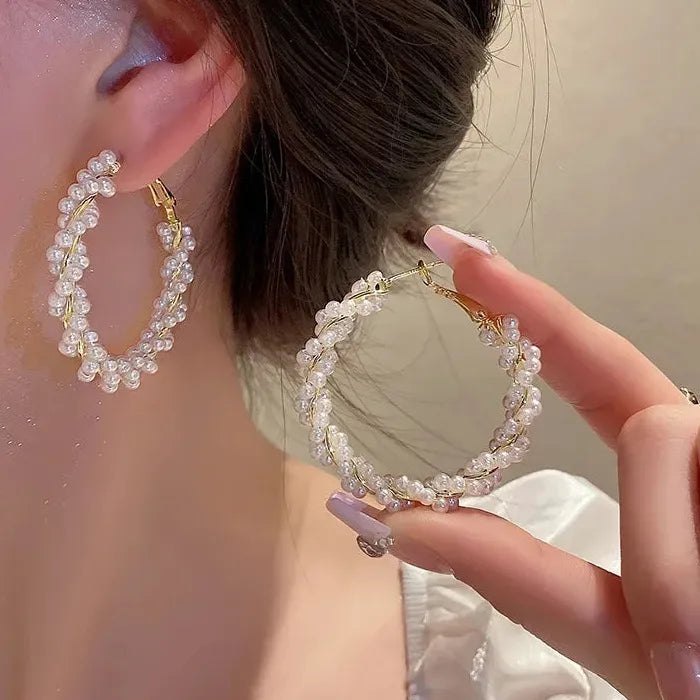 Korea Fashion Elegant Zinc Alloy Pearl Hoop Earrings for Women Gift
