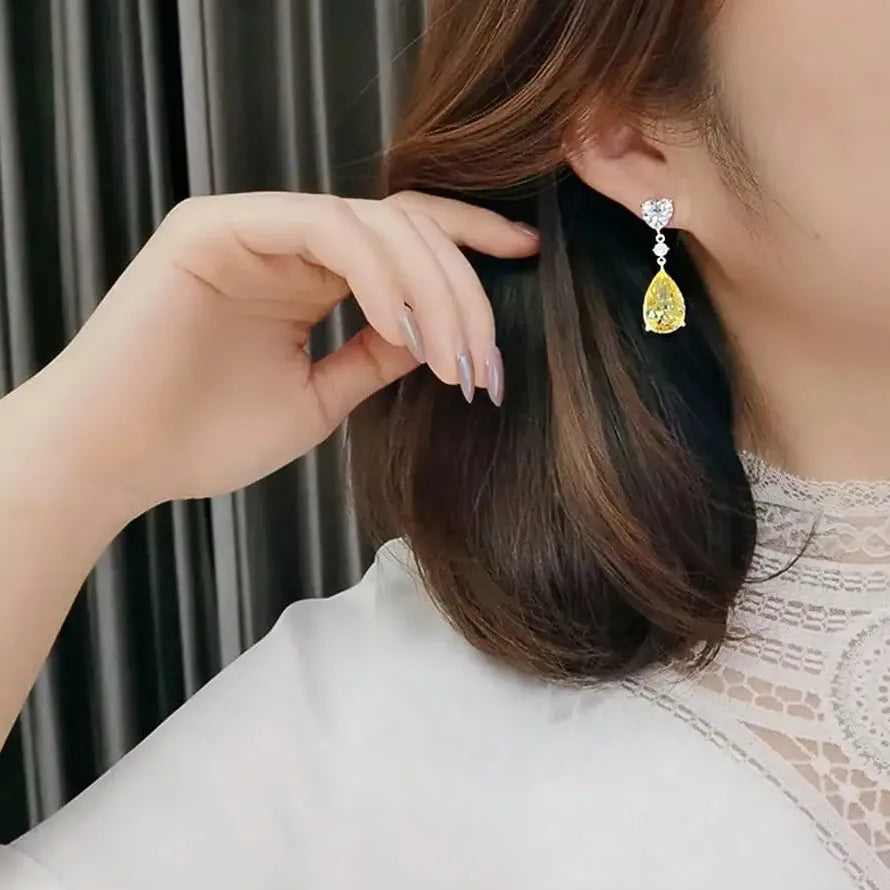Yellow Cubic Zirconia Water Drop Pendant Earrings for Women Wedding Jewelry Copper