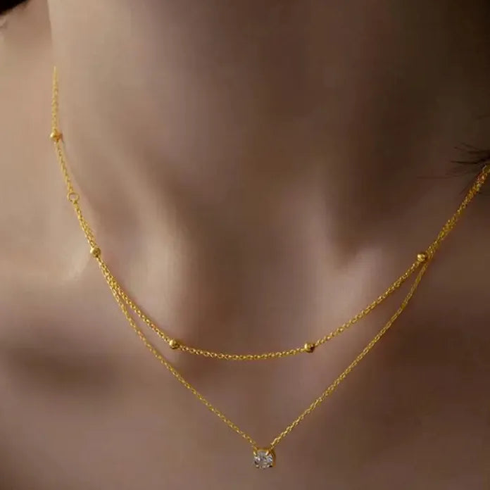 Stainless Steel Zircon Circle Pendant Necklace for Women Double Layer Durable Chain Waterproof