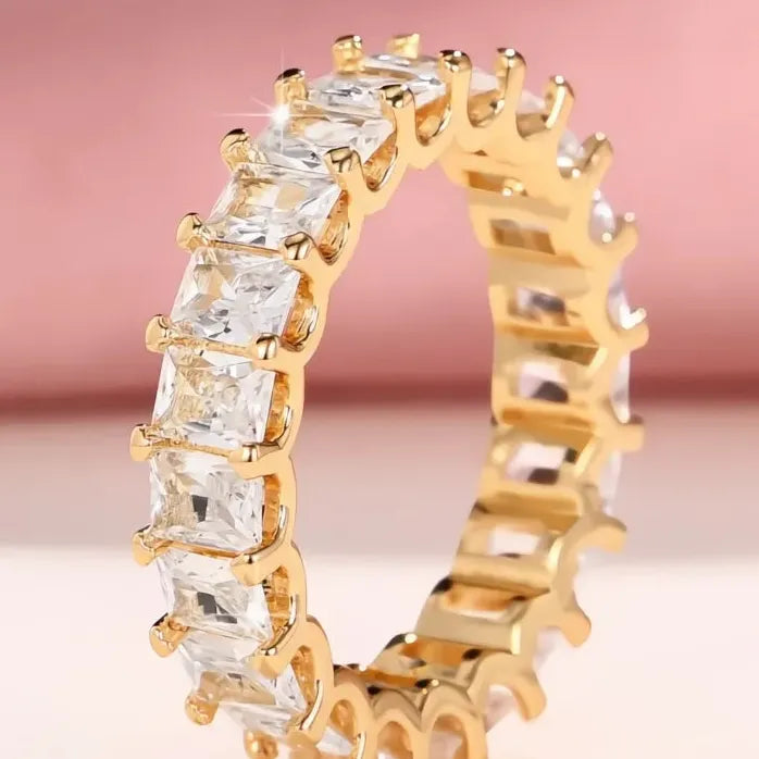 Crystal Pink CZ Geometric Promise Ring Women’s Wedding Band Brass Jewelry