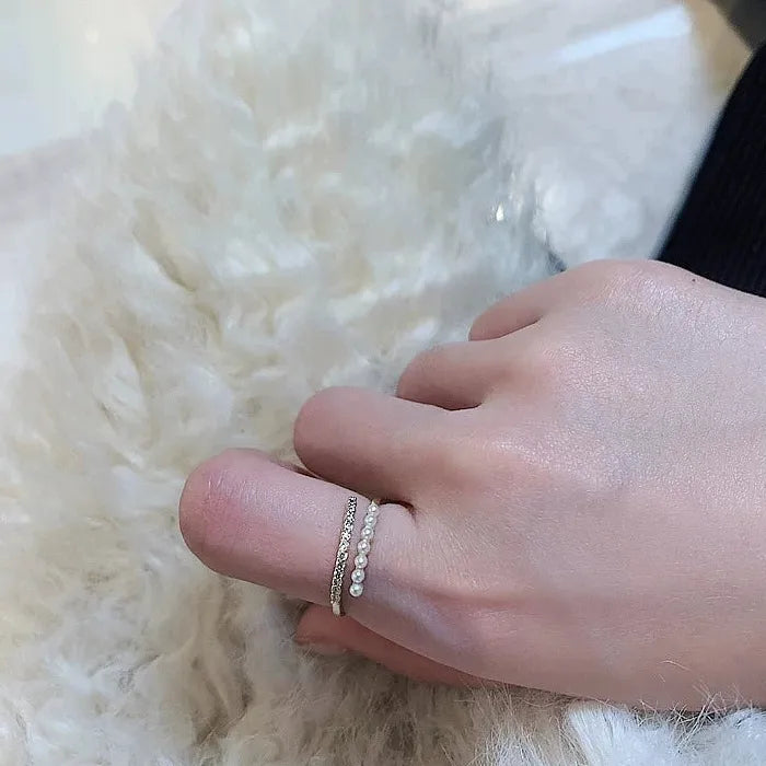 Adjustable Rose Gold Copper Ring with Imitation Pearl & Cubic Zirconia for Women