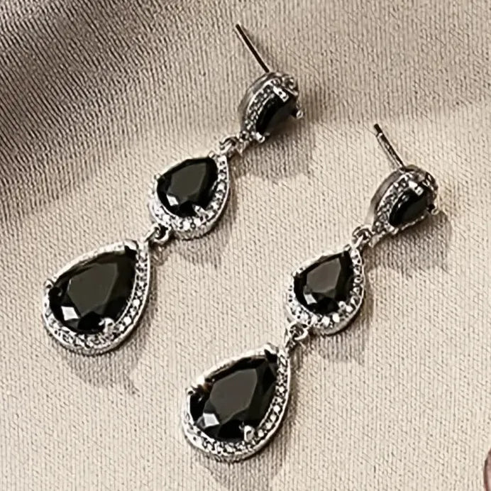 Geometric Black & Blue Pear Cubic Zirconia Long Drop Earrings for Women