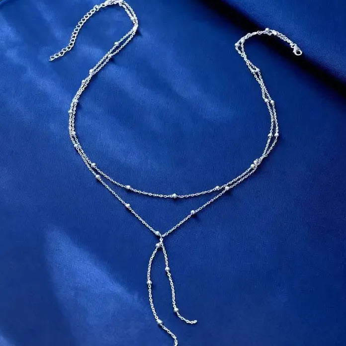 Bohemia Silver Ball Chain Necklace for Women Y-Shaped Tassel Pendant Jewelry