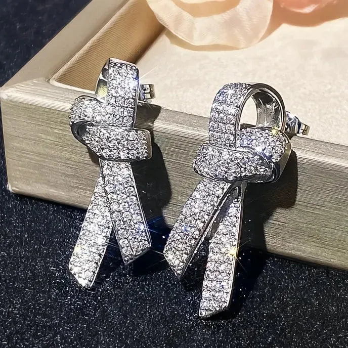 Bow Shaped Stud Earrings for Women Silver Color Sparkling Cubic Zirconia Fashion Jewelry