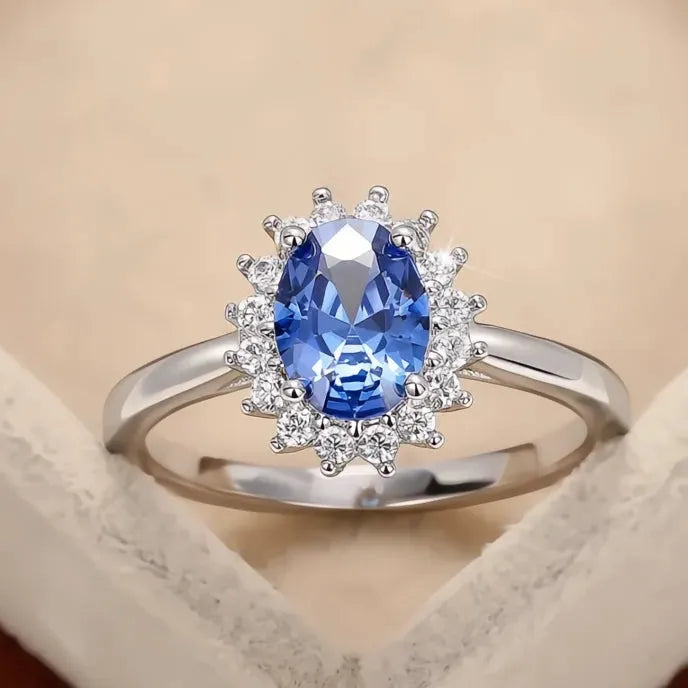Aesthetic Sunflower Design Brass Ring with Blue Cubic Zirconia Women’s Wedding Anniversary Jewelry