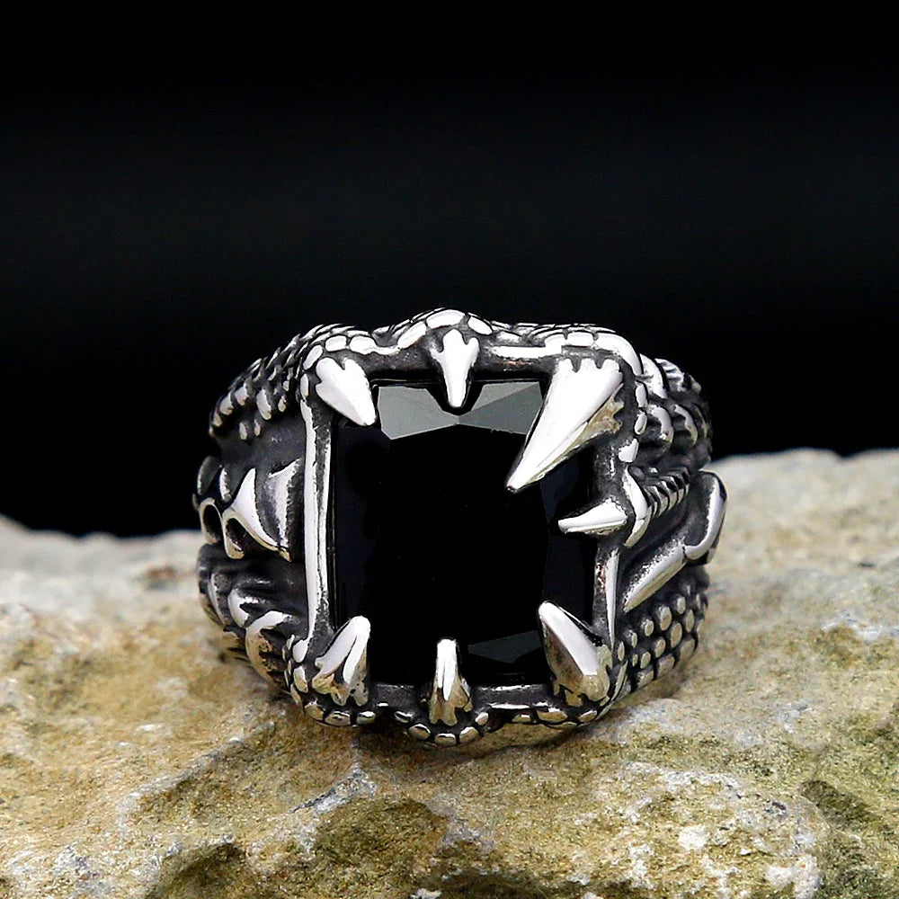 Vintage Punk Dragon Claws Ring Stainless Steel Black Stone Unisex Jewelry Gift