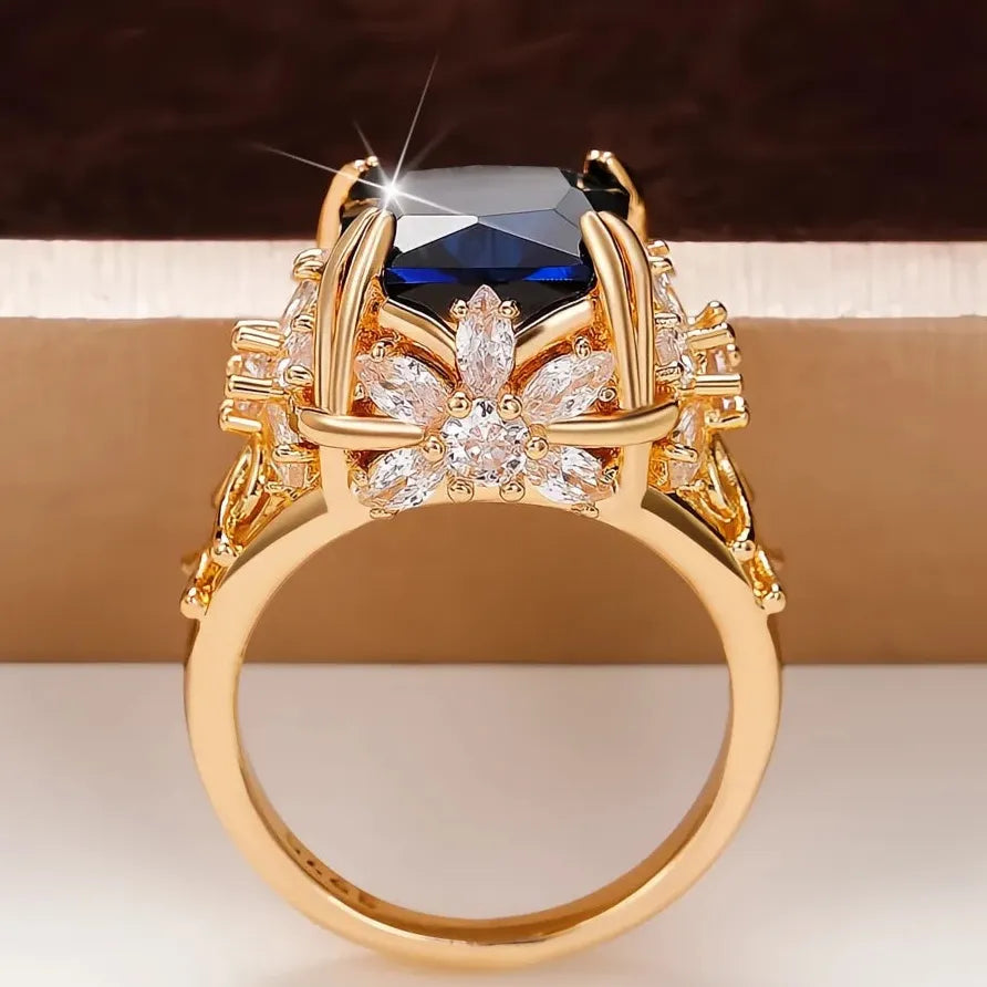 Dark Blue CZ Geometric Flower Ring for Women Elegant Jewelry Accessory