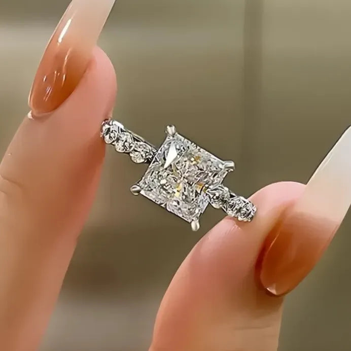 Princess Geometric Cubic Zirconia Wedding Engagement Ring Silver Tone