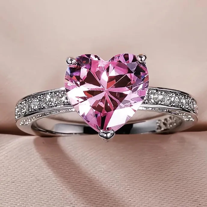 Luxury Women’s Heart Solitaire Engagement Ring AAA Pink Cubic Zirconia Brass Wedding Band Gift
