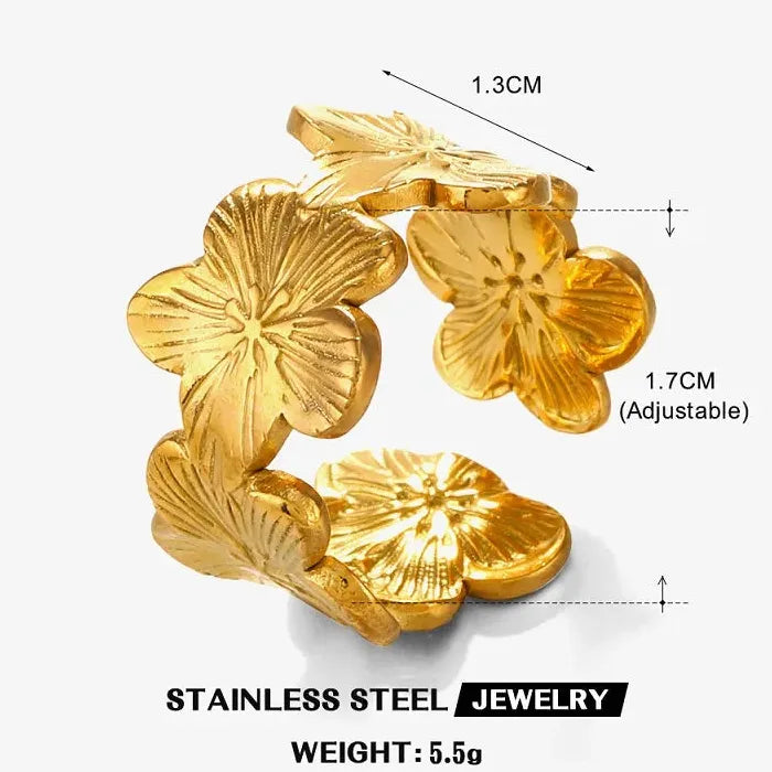 Adjustable Stainless Steel Flower Ring for Women Vintage Gold Petal Jewelry Gift