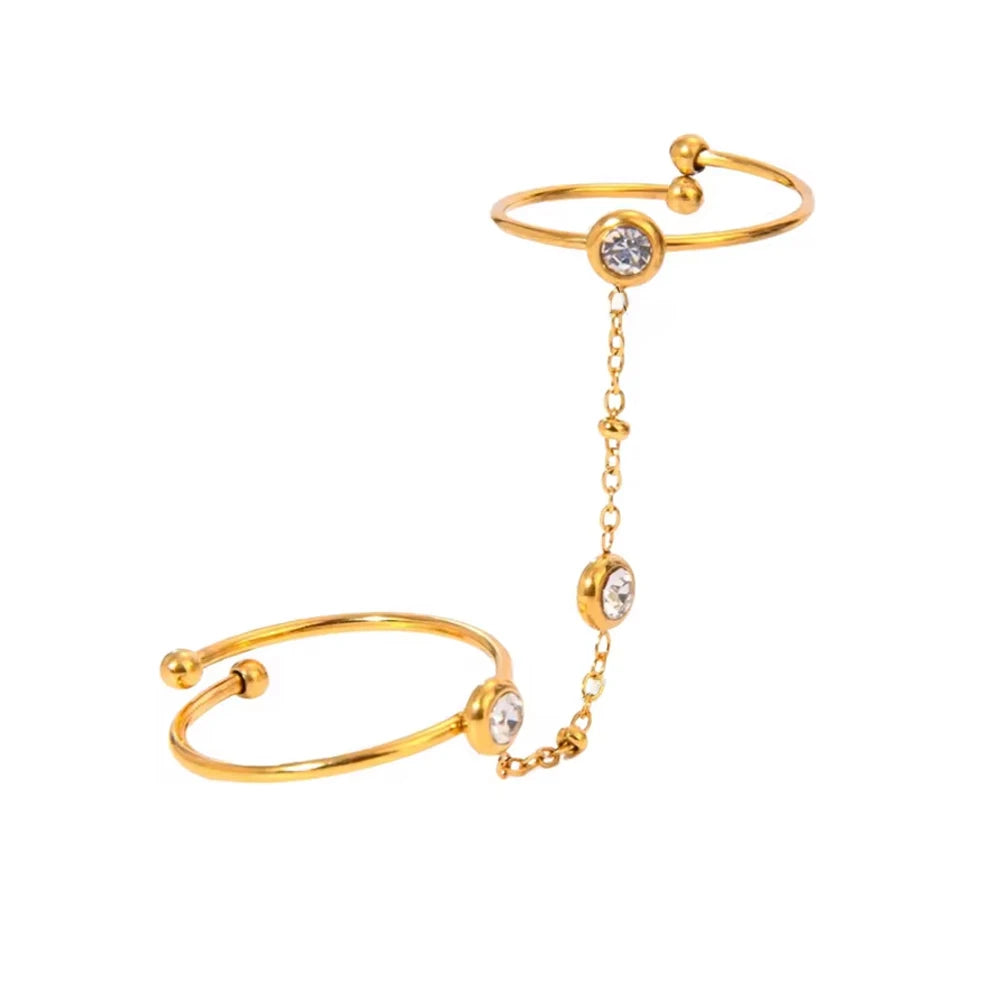 18K Gold Plated Zircon Double Round Chain Ring for Women Vintage Waterproof
