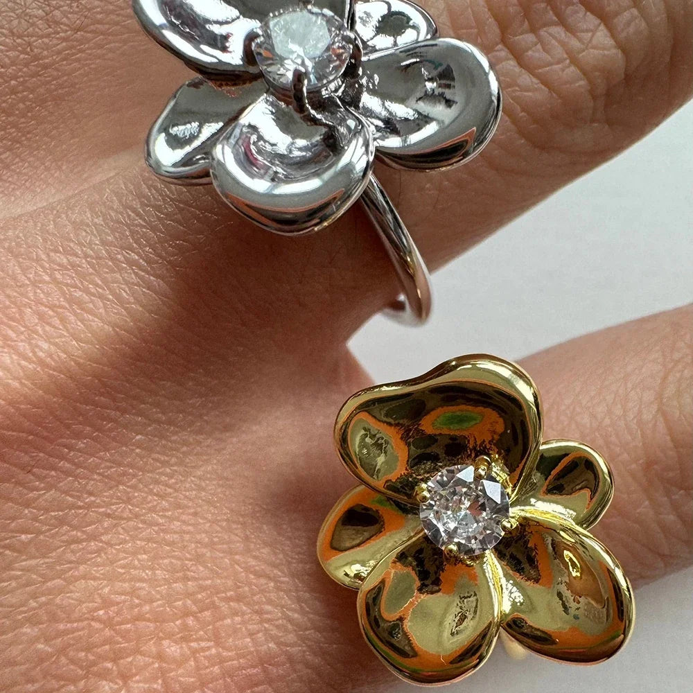 18K Gold Plated Stainless Steel Flower Zircon Petal Ring for Women Wedding Jewelry