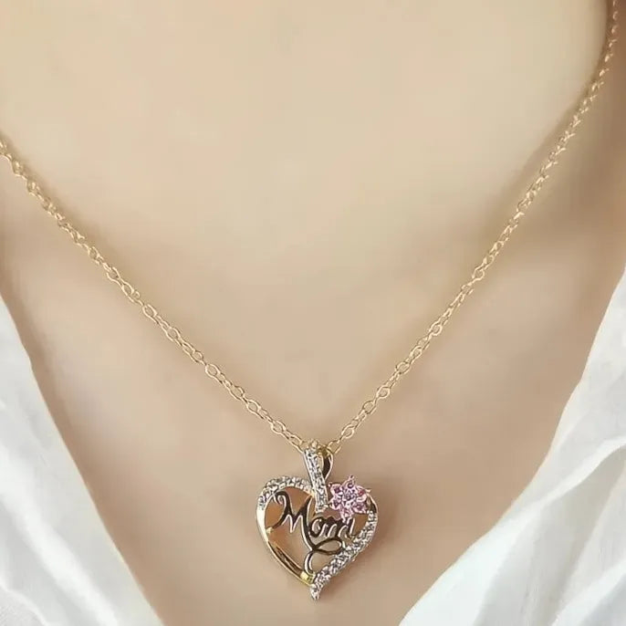 Mother's Day Pendant Necklace for Mom Copper Alloy Pink Flower CZ Jewelry