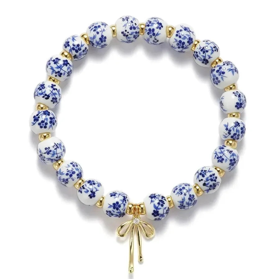 Handmade Blue White Porcelain Beads Bracelet Bowknot Pendant Adjustable Elastic Bangle for Girls