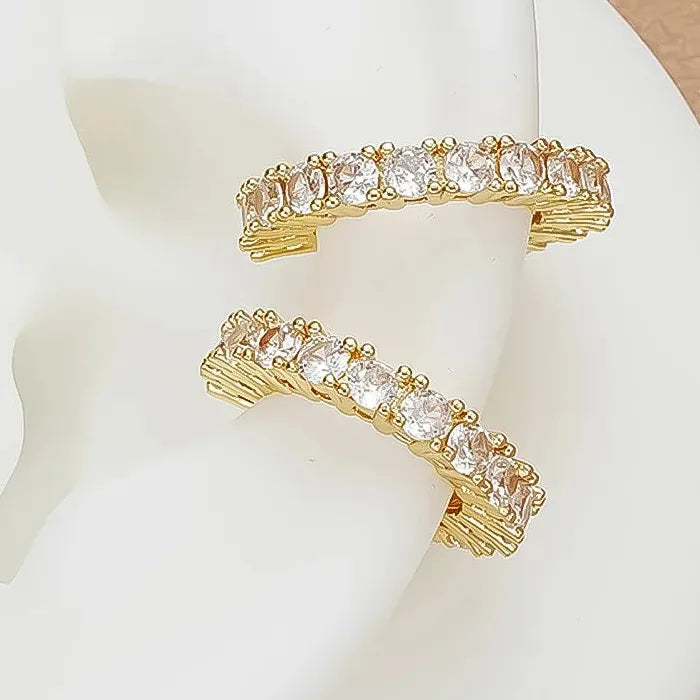 2Pcs Zinc Alloy Full Rhinestone Geometric C Shape Clip Earrings Women