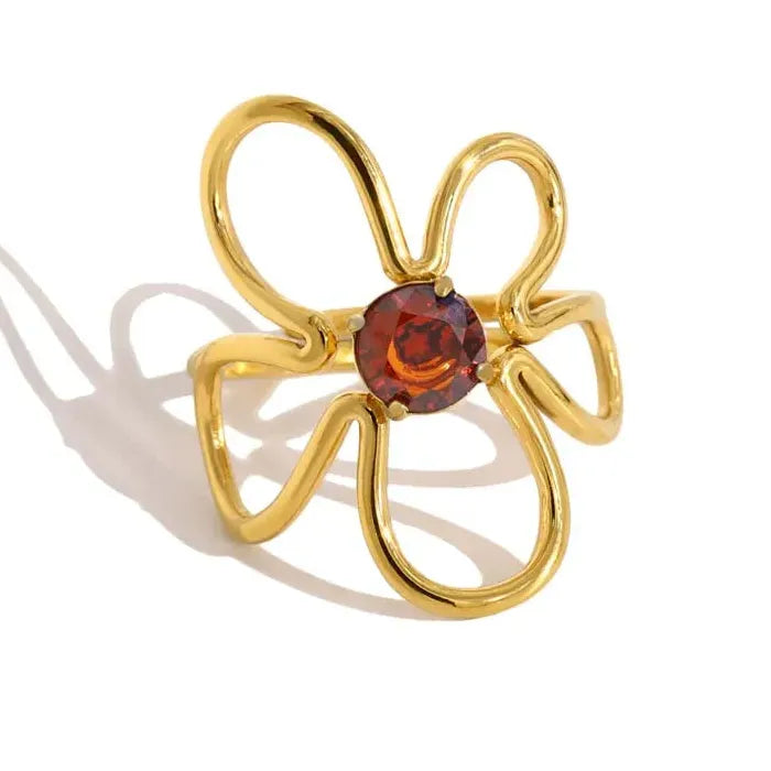 Stainless Steel Women’s Irregular Flower Ring Green Zircon Trendy Jewelry 2026