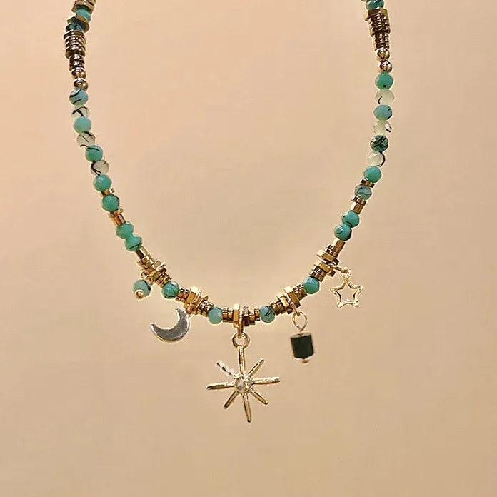 2026 Colored Bead Metal Chain Necklace Women Sun Moon Light Jewelry Gift