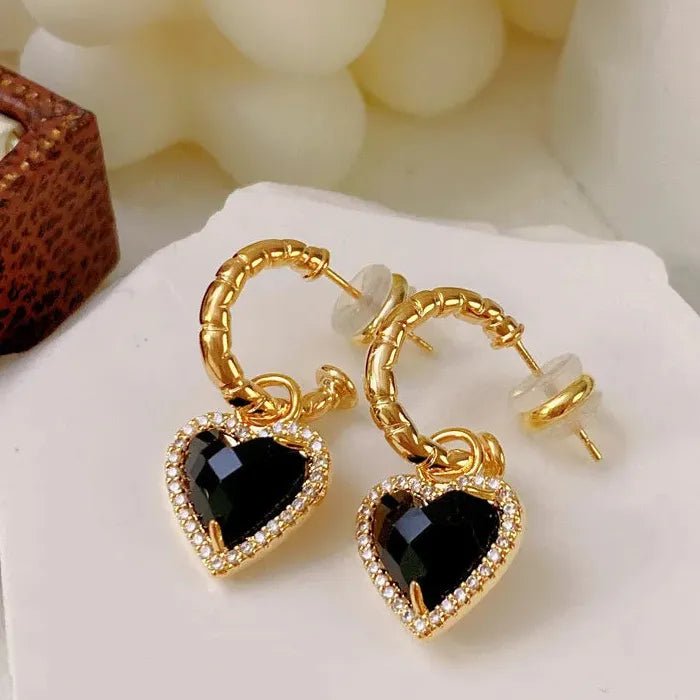 Love Heart Zircon Drop Earrings for Women Black Zinc Alloy Jewelry